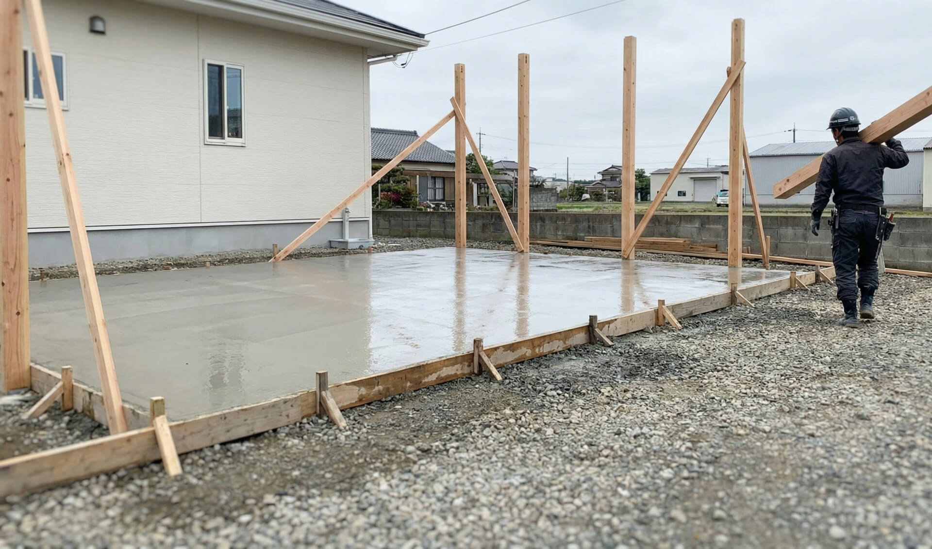 Työmies kantaa puupalkkia hiljattain valetun, märän betonilaatan vieressä, joka toimii perustana uudelle rakennukselle. Puurakenteet tukevat laatan reunoja.
