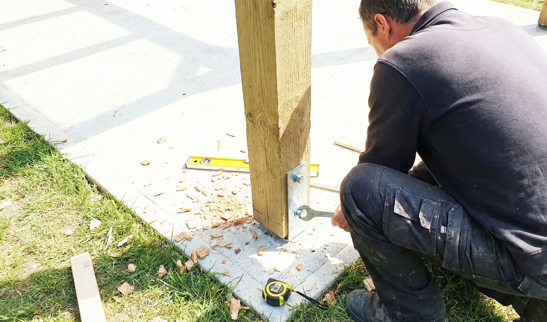Työmies kiristää pulttia puupylvään jalustaan jakoavaimella. Pylväs on kiinnitetty betonipohjaan nurmikon ja puulastujen ympäröimänä.