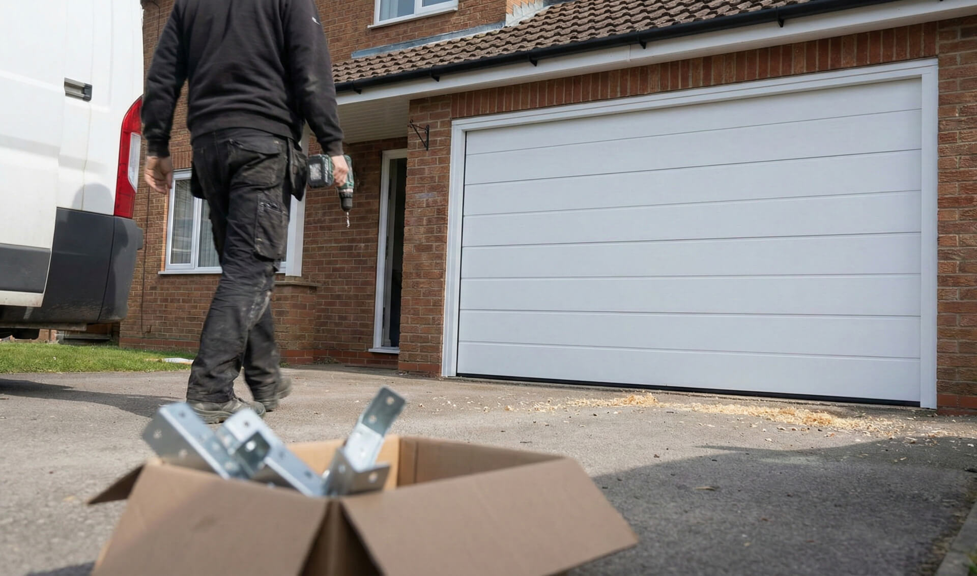 Työmies kävelee poispäin vastikään asennetusta valkoisesta autotallin ovesta, joka on tiilitalon edessä. Ajotiellä on laatikko metallisia asennusosia.